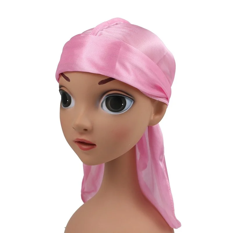 

Hot Selling Children's Imitation Silk Long Tail Scarf Cap Pirate Cap Elastic Wrap Unisex Turban Bandana Headwear Silk Bonnet
