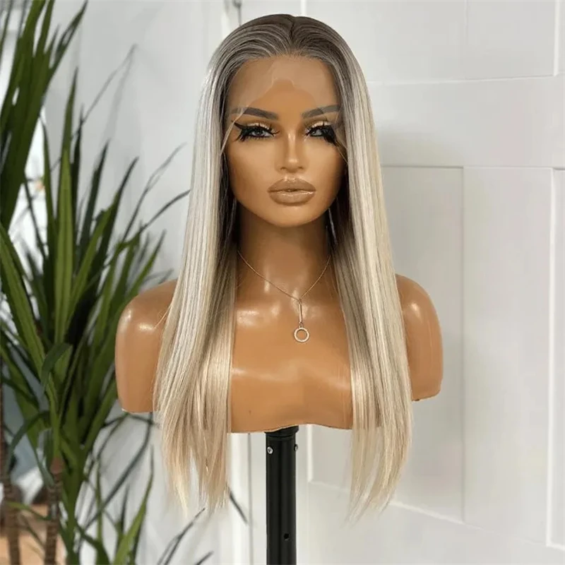 Фото Синтетический парик Ombre Blonde HD Lace Front с эффектом смешивания с натуральными волосами (пепельные корни), от производителя, дешевые парики на распродаже, 20 дюймов №2