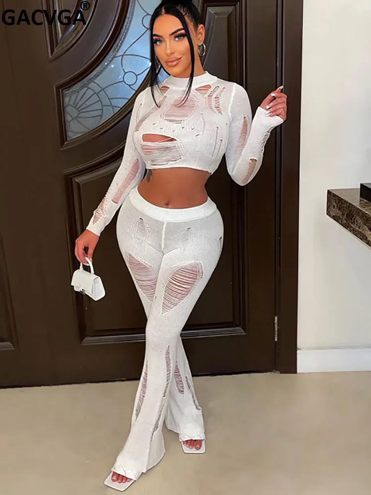 

GACVGA Autumn Spring Knitted Sexy Crop Top And Pants Women Beach Party Hollow Out Design Two Piece Pants Set