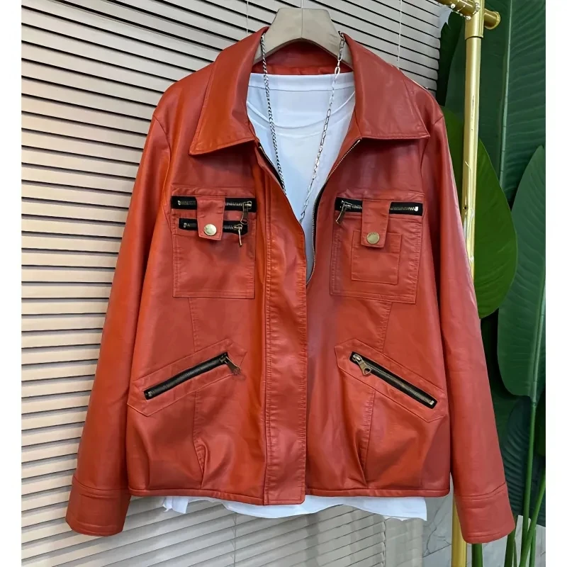 

Europe Station Women's Wear 2023 Spring New Slim Cover Solid Color Zipper Button Fashion Leather Coat Female Tide
