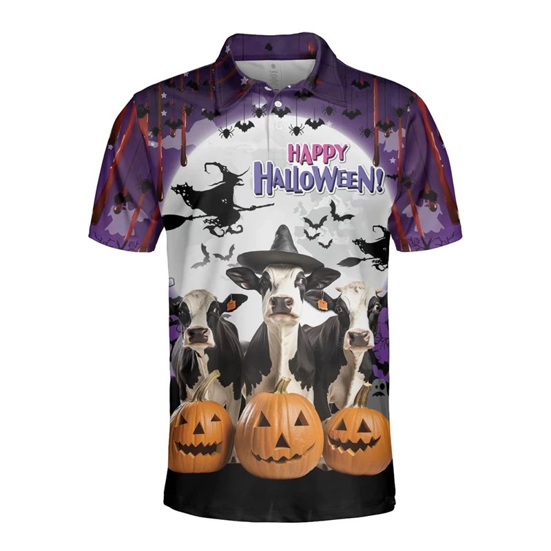Happy Halloween Cow Graphic Polo Shirts For Men Cartoon Witch Pumpkin POLO Shirt Harajuku Fashion Cows Boy Gifts Tee Tops