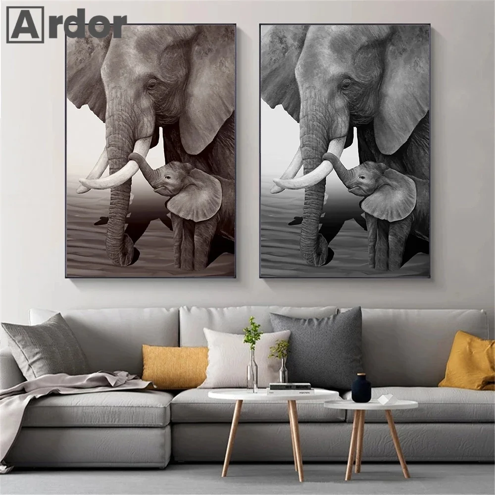 

Elephant Mother And Child Poster Animal Wall Art Canvas Painting Black White Art Print Nordic Pictures Living Room Home Decor