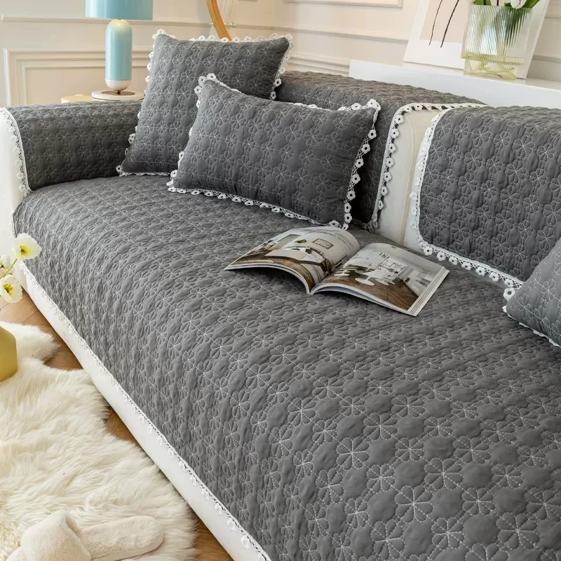 

Modern Non-Slip Checkered Quilting Sofa Towel Soft Couch Covers Towel Seat Mat Lace Hem Universal Warm Cloth Four Seasons