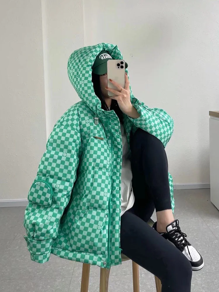 Duck Warm White Jacket Women Winter 2023 New Loose Checkerboard Thicken Hooded Parkas Coats Female Harajuku Down Jackets