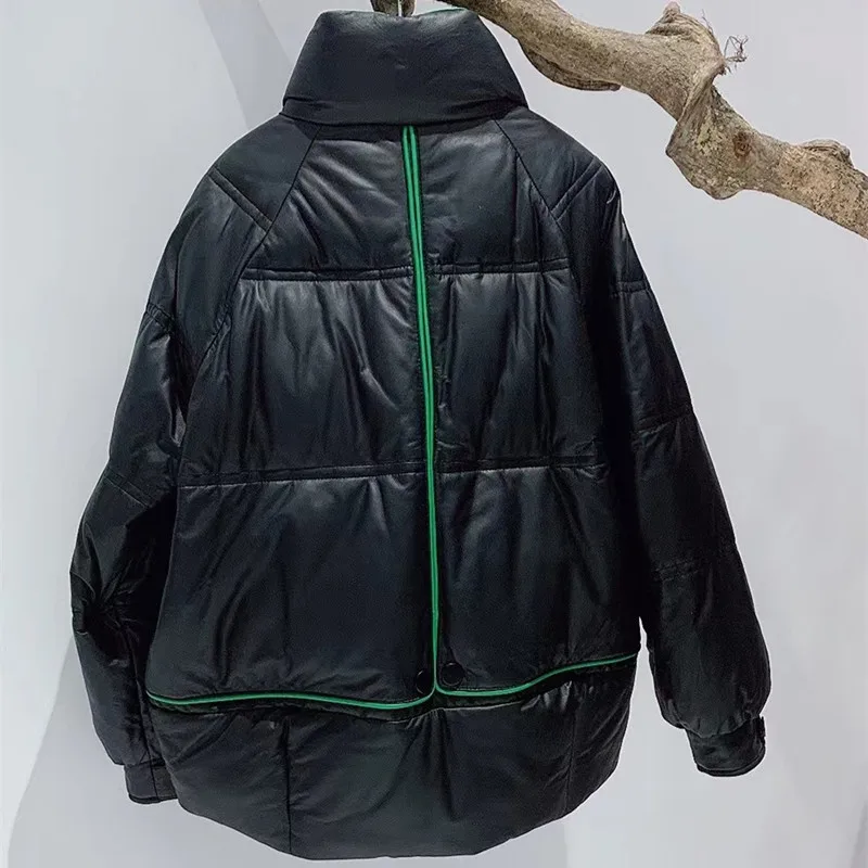 Leather Jacket Winter Women's Sheepskin Goose Down Jacket Female Warmer Short Leather Down Sheep Skin Stand Collar Bread Outwear