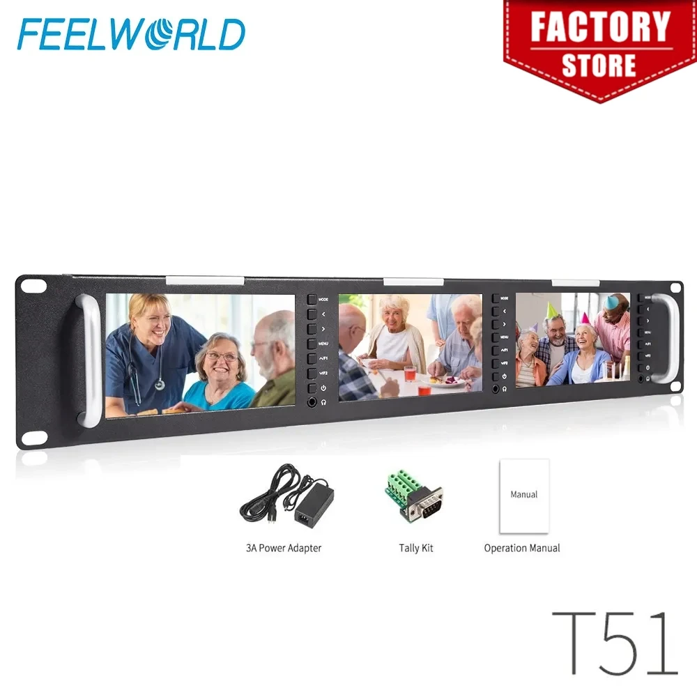 Монитор Feelworld T51 с тройным 5-дюймовым 2RU ЖК-монитором с креплением на стойке с 3G-SDI HDMI AV входным и выходным уровнем вещания мониторы качества