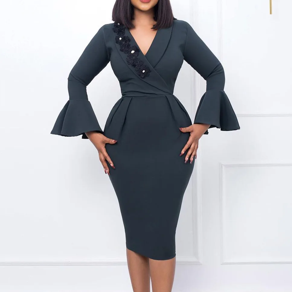 

Women Elegant Dresses Bodycon Flare Sleeves Office Ladies African Female Party Robes
