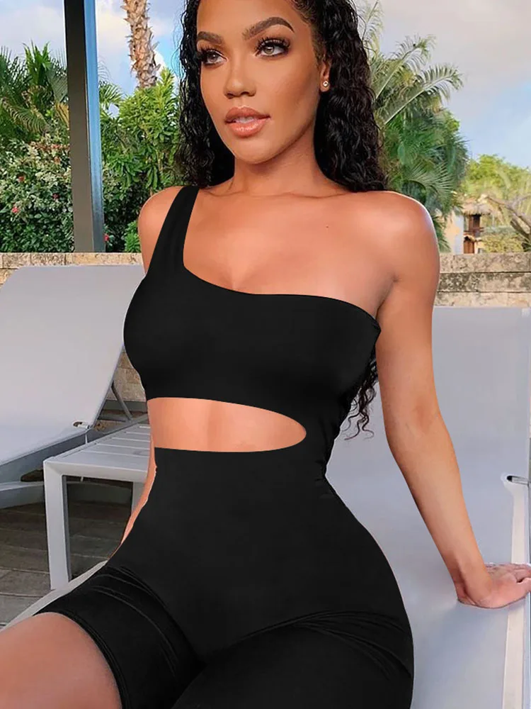 

SALSPOR Sexy Solid Hollow Sport Set Out Short Jumpsuit Skew Collar Sleeveless Side Hole Playsuits Stretchy One Piece Yoga Suit