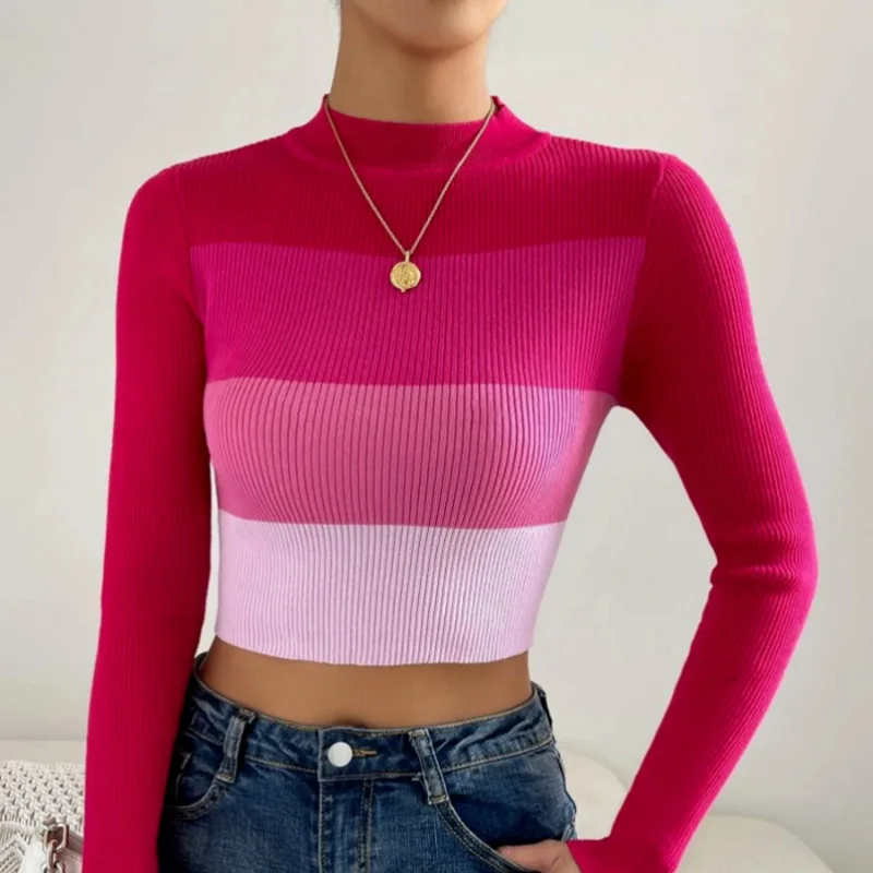 

Spring and Autumn Dew Umbilical Sweater 2023 Wide Stripe Slim Fit Pullover shirts for Women pink clothes fashion tops Recommend
