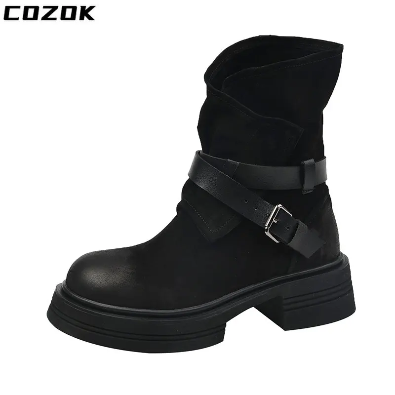 Hot Genuine Women Boots Winter Brogues Retro Round Toe Thick Heel Ankle Boots Fashion Flock Women Shoes Chelsea Boots Faux Suede