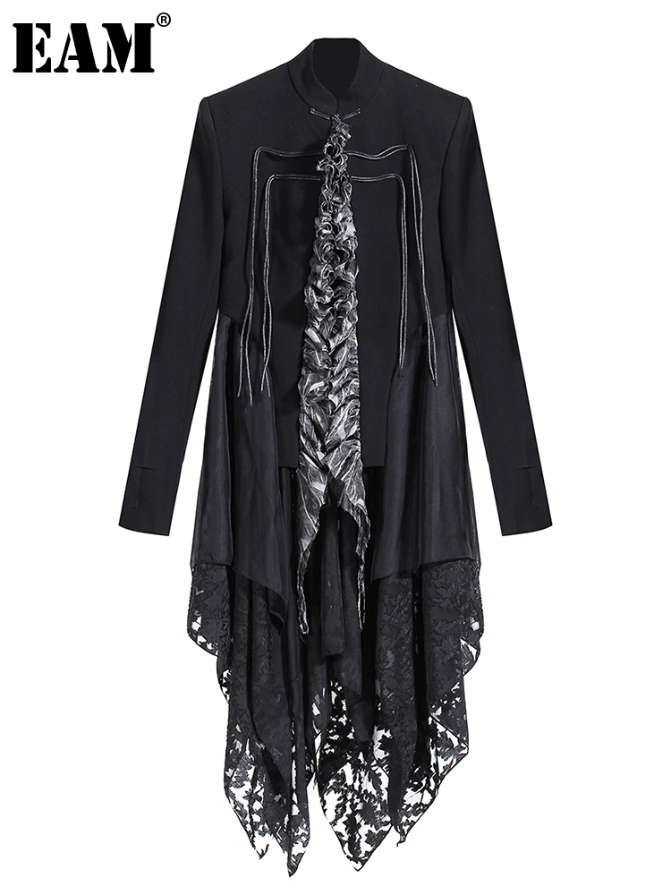 

[EAM] Women Black Irregular Ruffles Trench New Stand Collar Long Sleeve Loose Fit Windbreaker Fashion Spring Autumn 2022 1DE7084