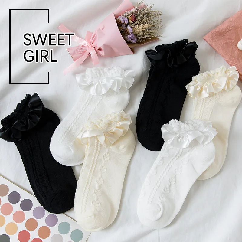 Lolita Socks Women's Ruffle Socks With Frill Black White Kawaii Cotton Lace Socks Low Cut Socks Cartoon Sweet Girls Hosiery