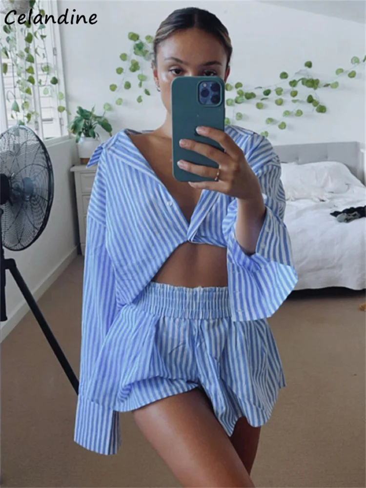 

Рубашка и шорты Celandine в стиле бойфренда с длинными рукавами в белую и синюю полоску, повседневный летний Базовый комплект из двух предметов ...