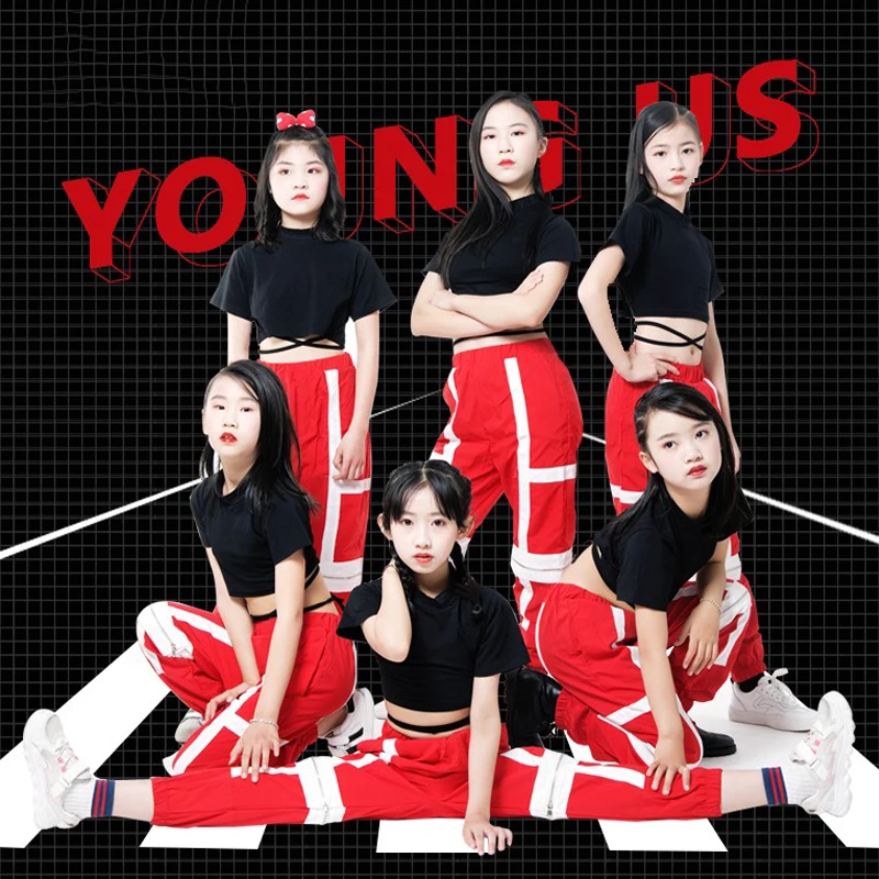 

Hip Hop Dance Costumes Black T Shirt Top Red Pants For Girls Jazz Clothes Stage Performance Outfit Street Dancewear SL6841