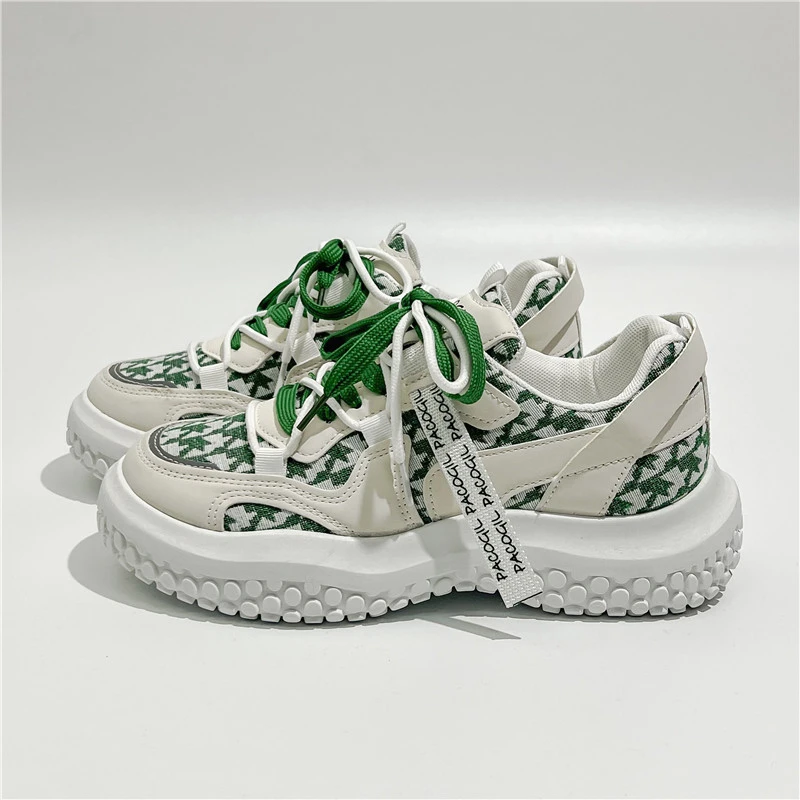 

Женские нескользящие кроссовки, Вулканизированная подошва, толстая подошва, повседневная удобная обувь, квадратный цвет, на шнуровке, зеленые, лето