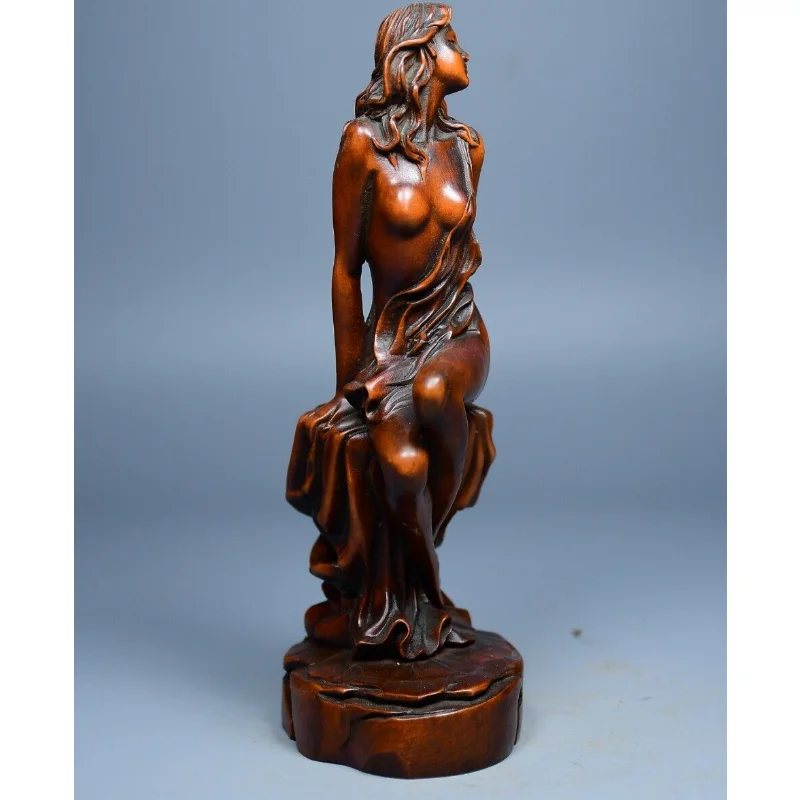 

5.9" Collection Chinese Box-wood Carving Sit Naked Sexy Beautiful Woman Statue Craft Gift Decoration Home Decore