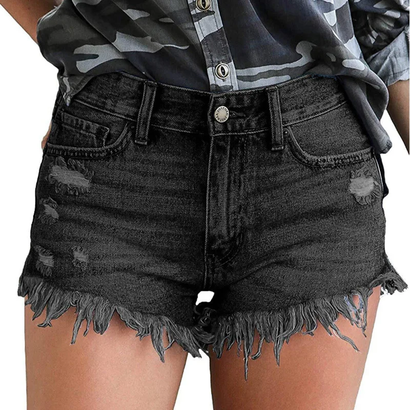2023 Woman Plus Size Casual Skinny Denim Shorts Women Mid Waist Fashion Button Pocket Tassel Short Female Summer Sexy Slim Jeans