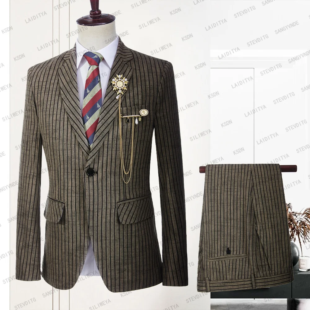 2023 Men Business Casual Slim Fit Suit Fashion Light Brown Linen Black Stripe Tuxedo Wedding Formal Dress 2 Pcs Set Jacket Pants