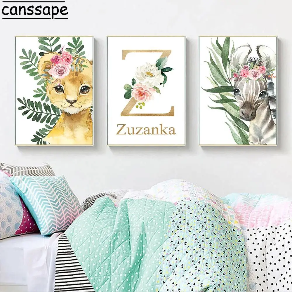 

Custom Name Wall Posters Giraffe Poster Elephant Art Painting Nordic Wall Pictures Flower Art Print Baby Room Poster Decoration