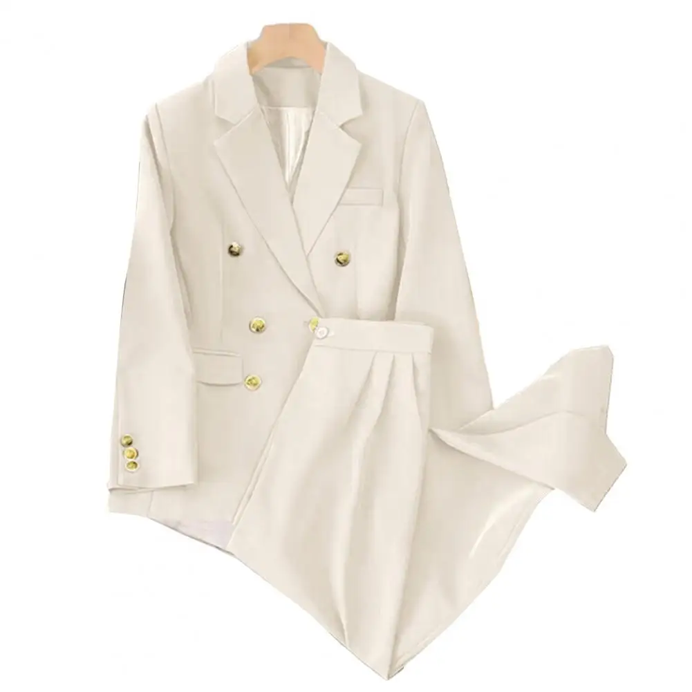 

2 Pcs/Set Women Blazer Pants Set Formal Business OL Commuting Style Straight Solid Color Double-breasted Wide Leg Long Sleeve Hi