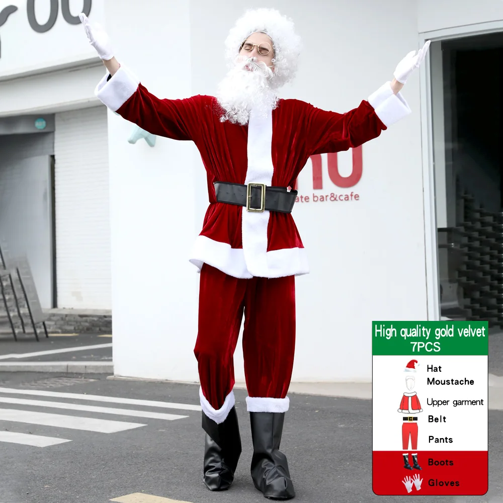 

9pcs/Lots Christmas Suits For Adults Santa Claus Costume Hat Belt Beard Fancy Dress In Christmas Men Cosplay Dress