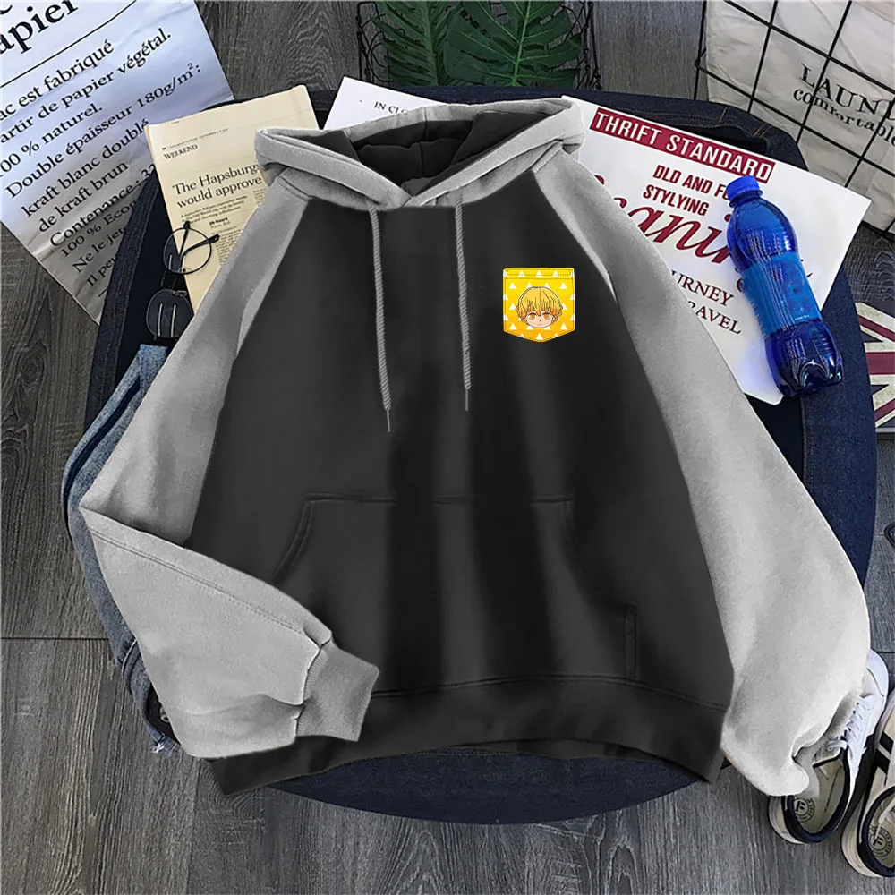 

Demon Slayer Agatsuma Zenitsu Kawaii Pocket Women Tops Anime Harajuku Raglan Hoody Hip Hop Loose Clothing Autumn Casual Hoodies
