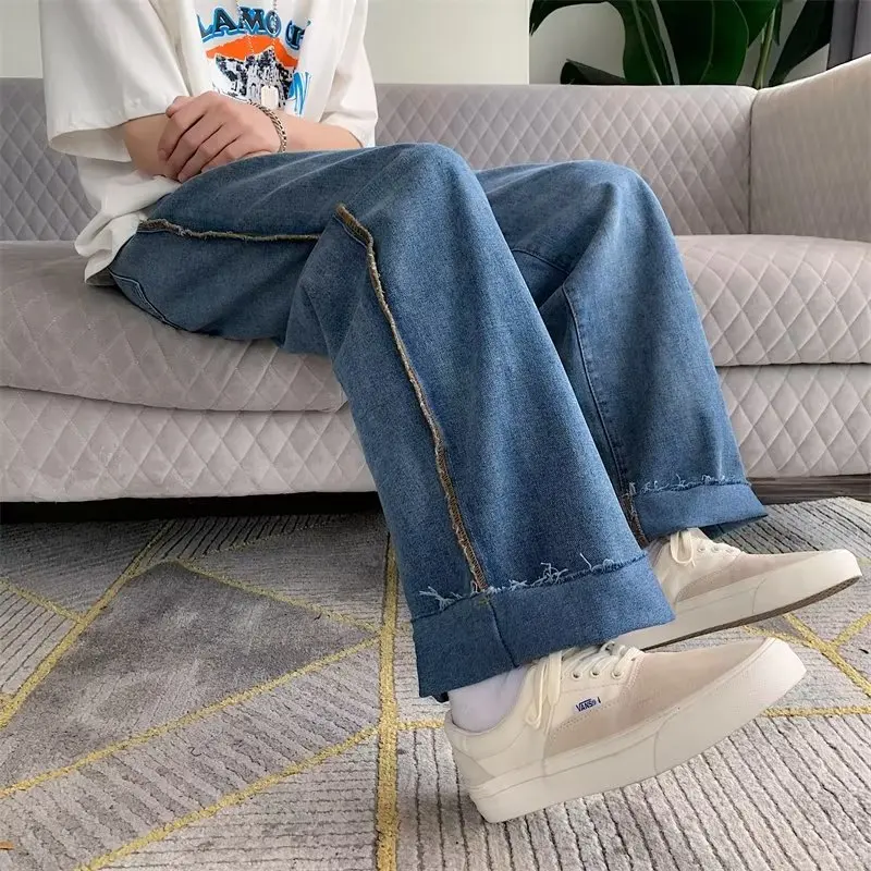 Mens Side Striped Fashion Jeans Blue Drawstring All-match Trousers Korean Style Streetwear Loose Wide-leg Pants