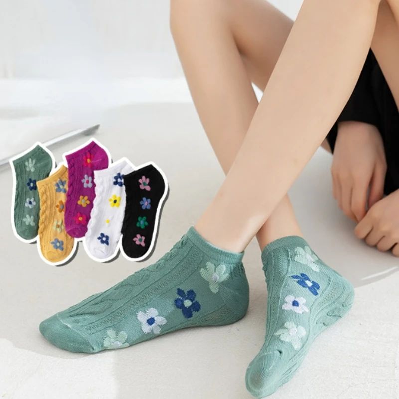 5 Pairs Lot Socks Women Cute Four Seasons Ladies Low Cut Boat Socks Breathable Ankle Short Calcetines Black Funny Solid Color