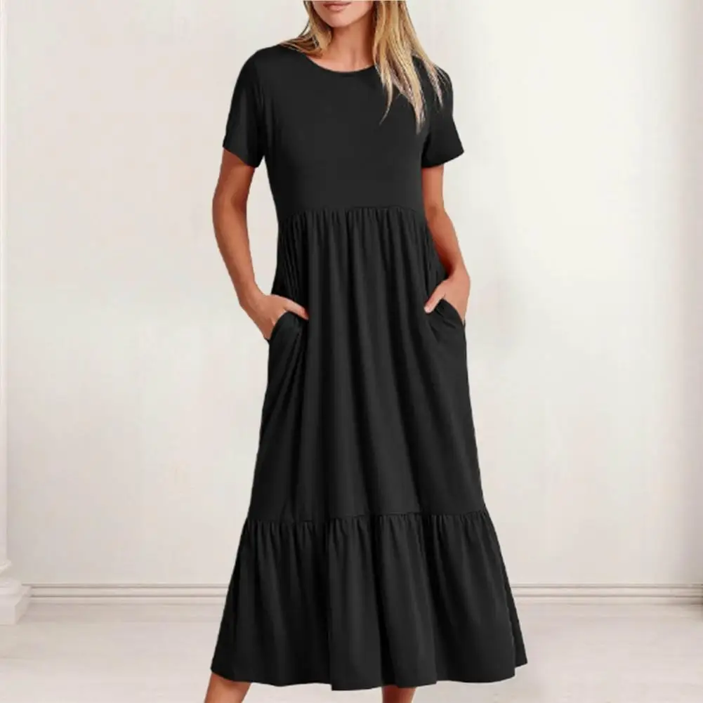 

Women Summer Dress Short Sleeves Round Neck Loose Hem Pleated A-line Dress Pockets Mid-calf Length Female Flowy Sundress