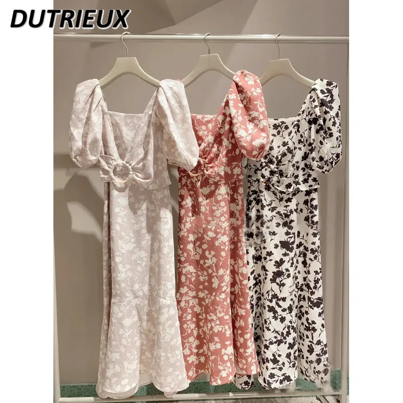 Japanese Style Mid-length Dress 2023 Summer New Square Neck Short Sleeve Dress Female Puff Sleeve Printed Casual Dress for Women