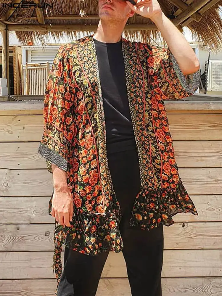 

Рубашка INCERUN 2022 мужская с цветочным принтом, тонкий кардиган с рукавом 3/4, уличная одежда с открытым стежком, Повседневная кимоно, прозрачные...