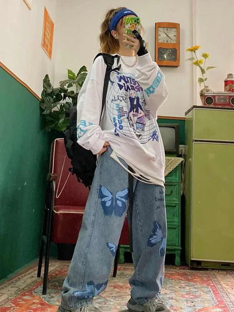 

Grunge Butterfly Straight Jeans Vintage Y2k Aesthetic Black Print Woman Pants Loose Casual High Waist Wide Leg Trousers Cyber