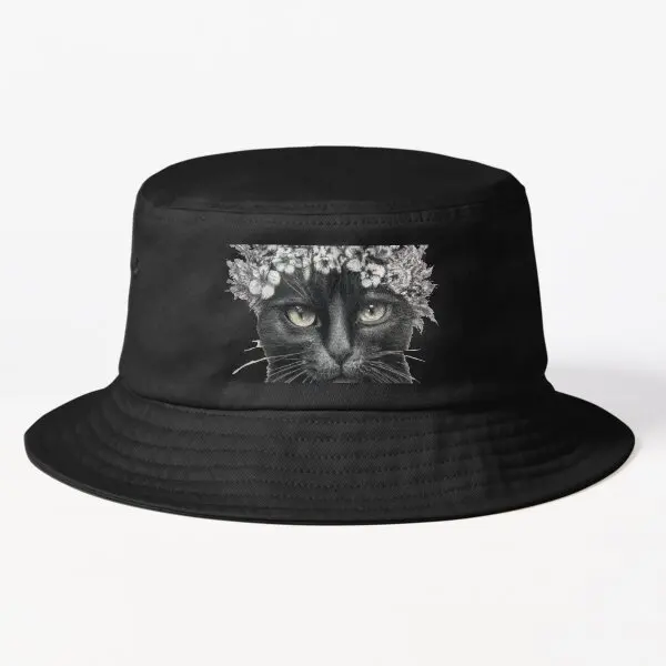Sketch Art Of Black Cat In Flower  Bucket Hat Cheapu Hip Hop Mens Solid Color Caps Fishermen Sun Outdoor Fish Black