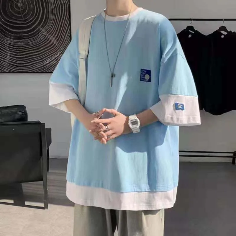 

2022 New Fake Two-piece Short-sleeved T-shirt Men's All-match Half-sleeved T-shirt Spring And Summer Hong Kong Style Loose Stude