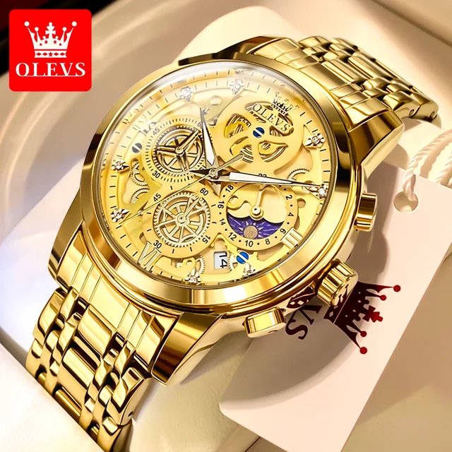 OLEVS Men's Watches Top Brand Luxury Original Waterproof Quartz Watch for Man Gold Skeleton Style 24 Hour Day Night New 1