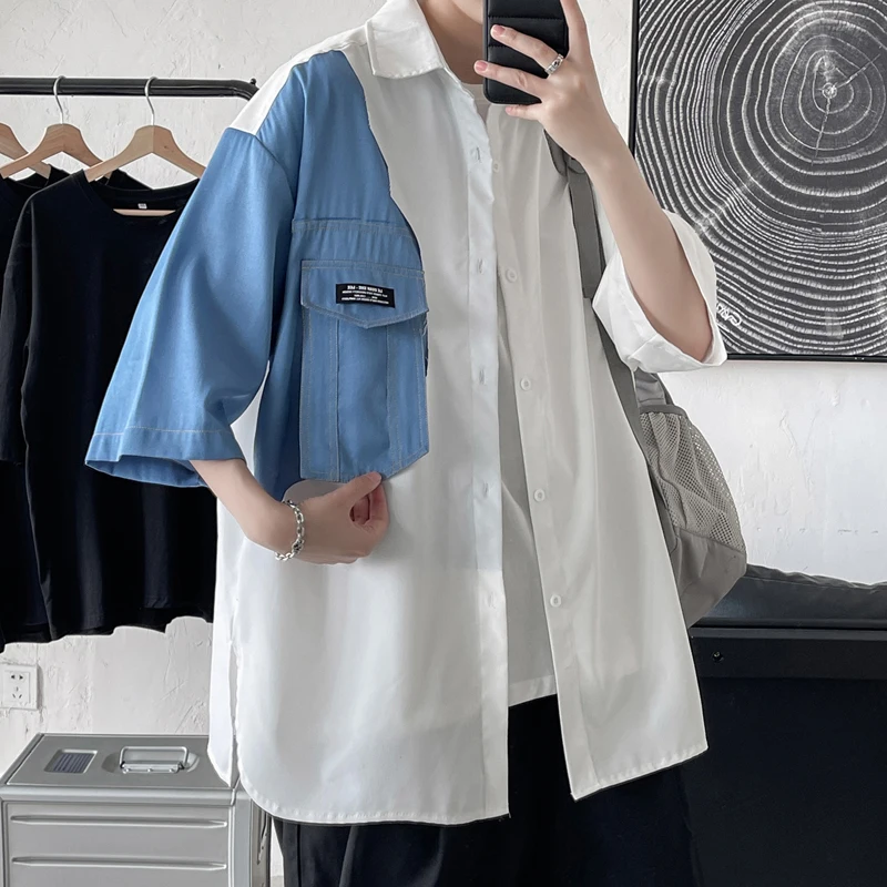 

EOENKKY/2022 Men's New Denim Stitching Short Sleeve Hawaiian Shirt Streetwear Fashion White Black Men's Shirt Plus Size M-5XL