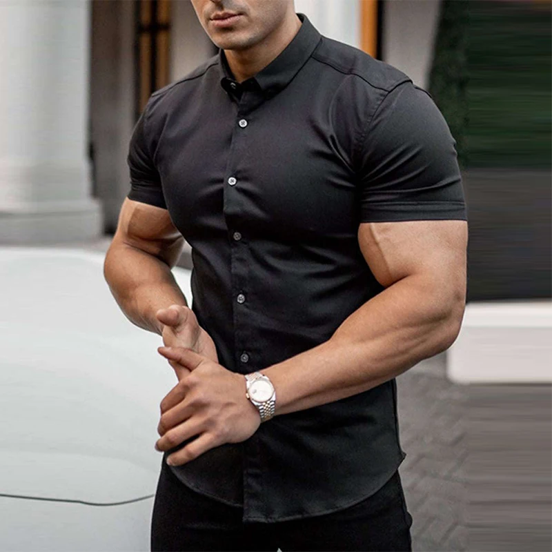 

Fashion Mens Shirt Solid Color Short Sleeve Button-up Turn-down Collar Shirts Men Summer Casual Cardigan Man Clothing Streetwear