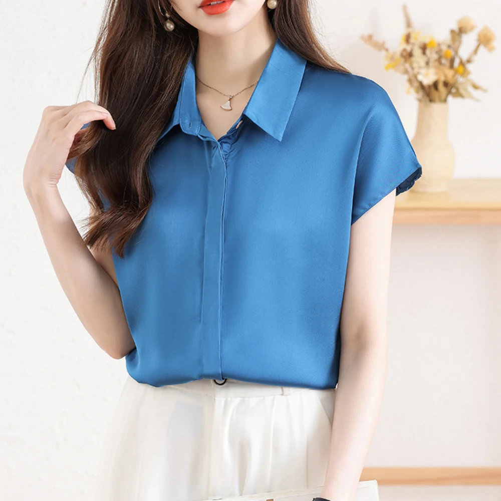 

Women Summer Satin Blouses Shirts Office Lady Fashion Casual Short Sleeve Turn-Down Collar Solid Color Blusas Tops