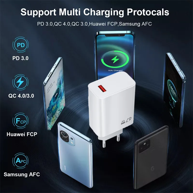67W Fast Charger USB Quick Charger 5.0 USB Type C Cable Mobile Phone Charger For iPhone 14 13 Pro Samsung Huawei Xiaomi Oneplus