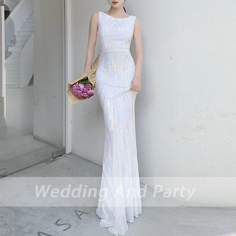 

Женское платье для свадебной вечеринки, длинное официальное вечернее платье с блестками и круглым вырезом, элегантное платье для коктейвеч...