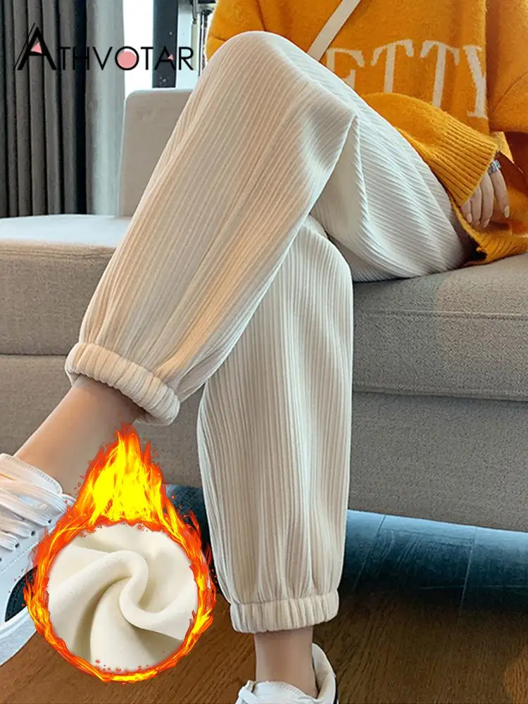 

ATHVOTAR Sports Pants Women Winter Velvet Thick High Waist Autumn Casual Sweat Pants Elastic Warm Corduroy Fitness Ladies Pants
