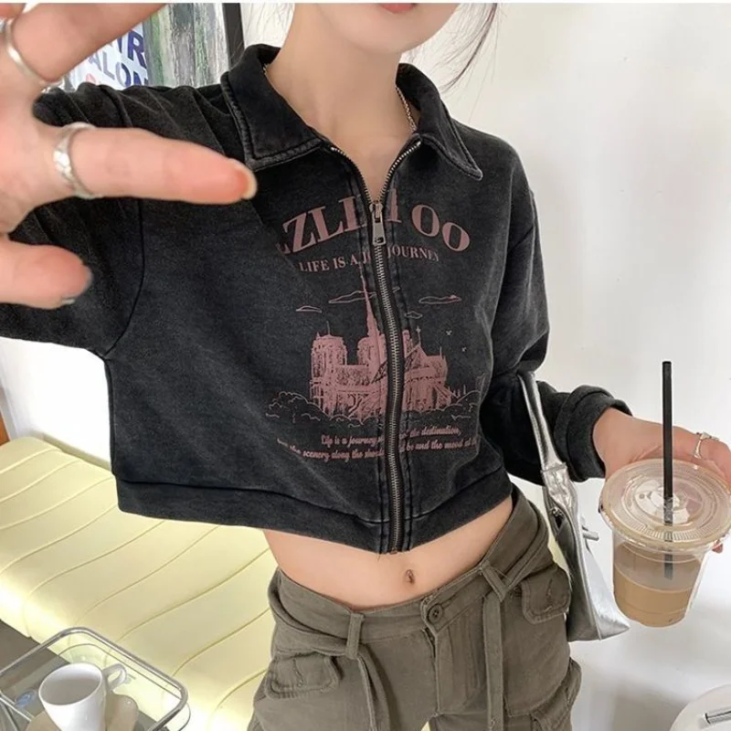 

HOUZHOU Vintage Zip Up Hoodies Streetwear Y2k Crop Top Women Grunge Autumn Sweatshirt Female Korean Fashion Harajuku Aesthetic