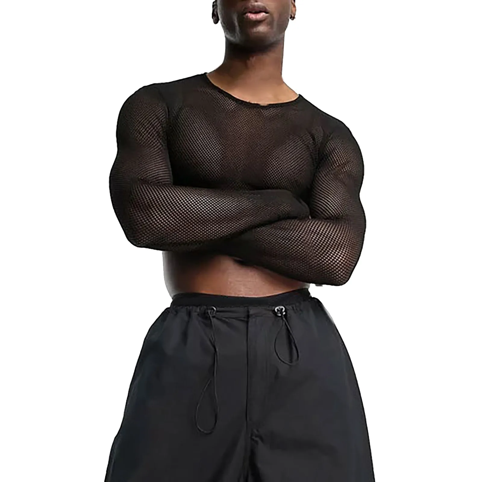 

Man Clothing Top Slightly Transparent Long Sleeve Round Neck Crop Top T Shirt Tall Shirts For Men Dance Thin Clothing For Men