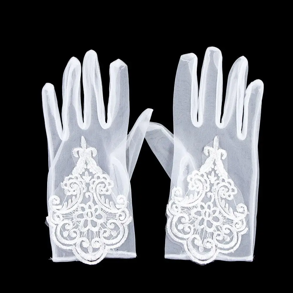 

Elegant White Mesh Tulle Transparent Women Wedding Gloves Korean Driving Mittens Lace Flower Five Finger Gloves