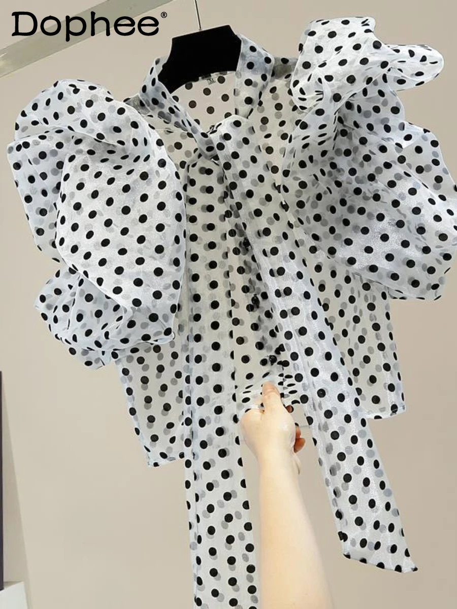 

Fashion Pleated Bow Single-Breasted Organza Thin Shirt Women Polka Dot Ruffle Short Sleeve Blusas Top 2022 Summer Camisa Mujer