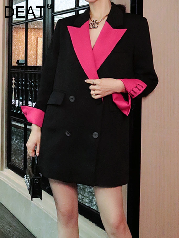

Женский двубортный Блейзер DEAT, свободный блейзер с английским воротником и длинным рукавом, куртка в стиле колор блок, осень 2023