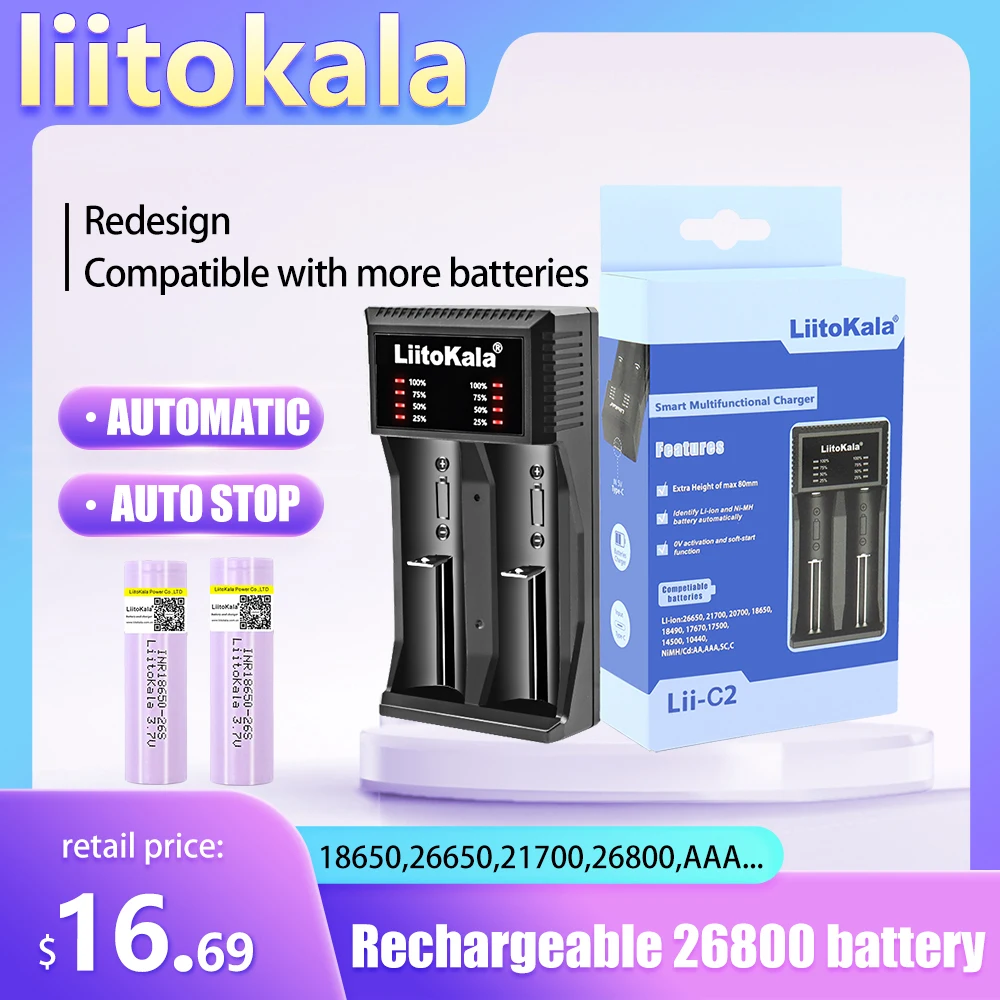 

liitokala lii-C2 18650 26650 21700 26800 lithium battery charger AAA 1.2V NiMH NiCd rechargeable battery set