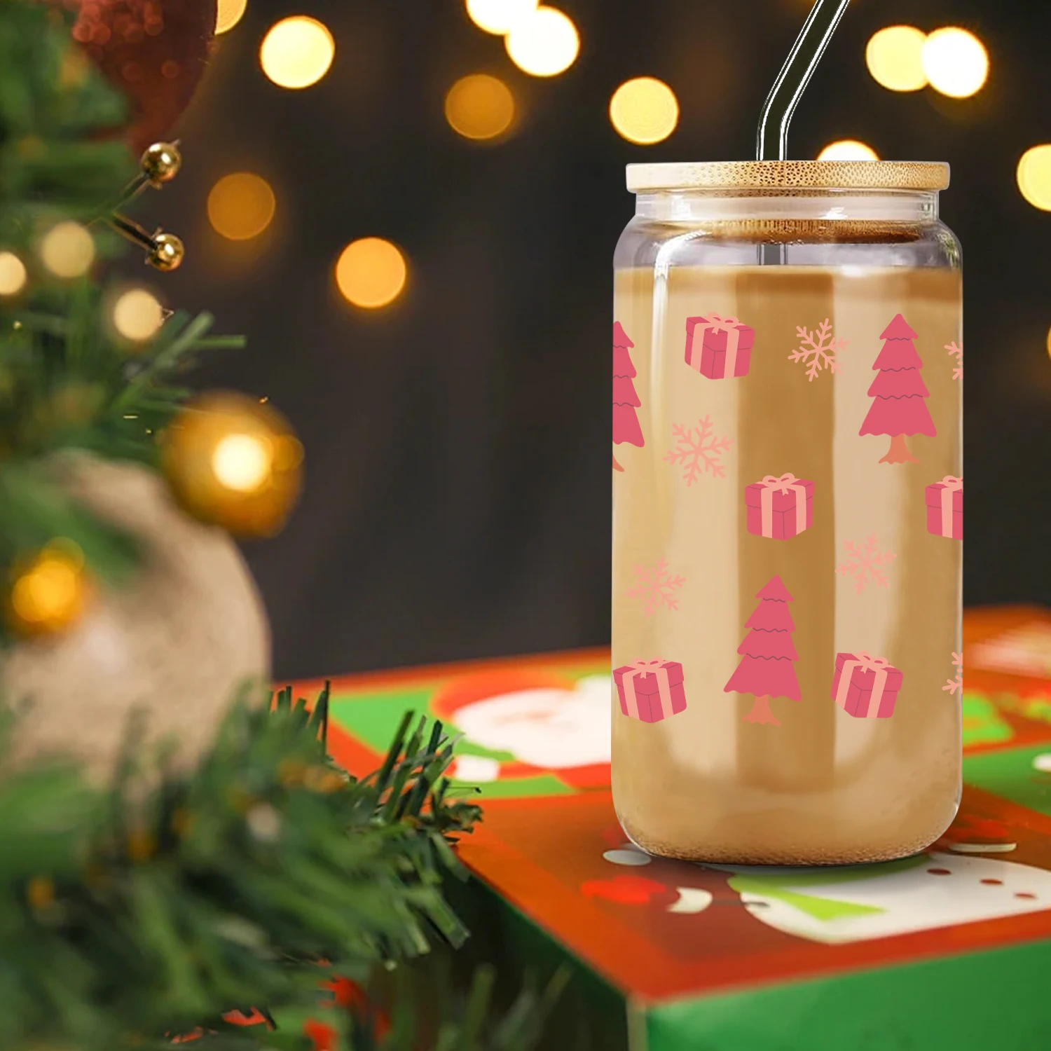 1 шт. 3d принт снежинки и подарки узор 16 унций стеклянная банка чашка для газировки