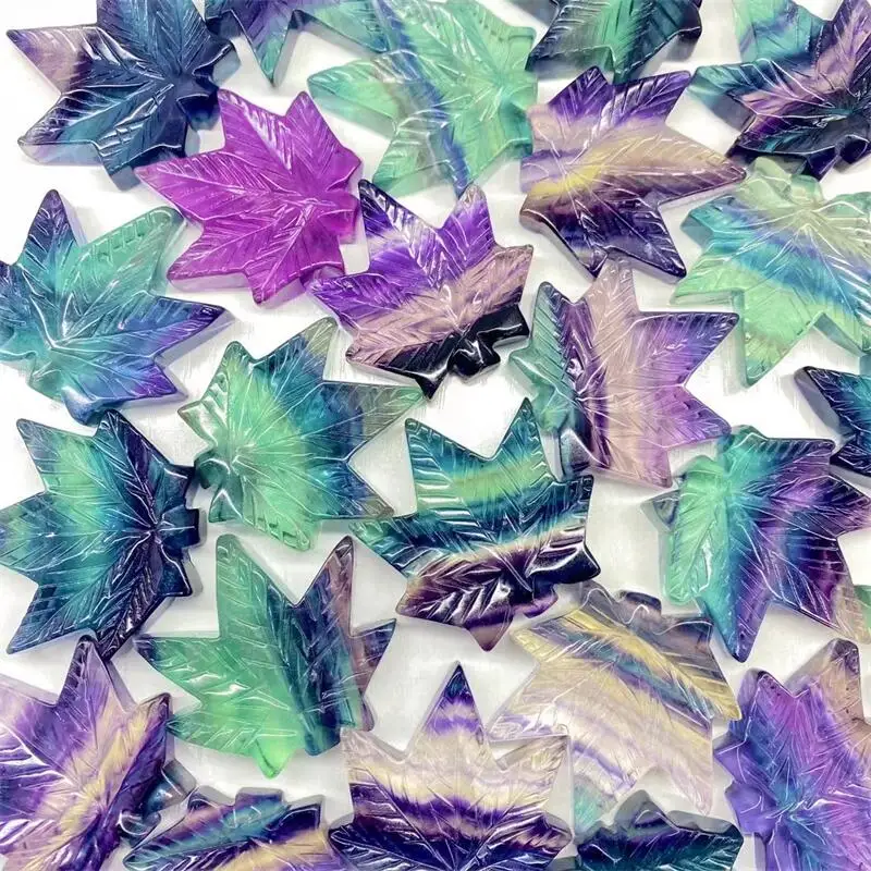 

4.5CM Natural Rainbow Fluorite Maple Leaf Crystal Carving Crafts DIY Home Decoration Healthy Children Toy Gift 1pcs