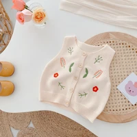 2022 autumn new children girl knitted flower vest baby sleeveless embroidery leaves cardigan tops infant cotton fashion jacket